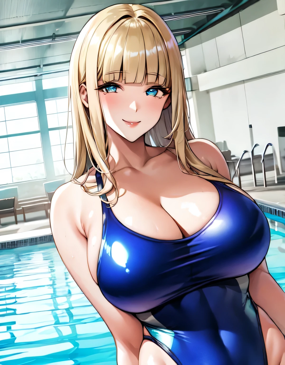 (large breasts:1.5),(shiny hair),((solo)),((masterpiece)),((best quality)),perfect anatomy,slim waist,perfect image,8k UHD,(beautiful detailed eyes:1.3),extremely detailed face,standing,(upper body:1.2),(look at the front:1.5),arms behindback,ultra-detailed,absurdres,highres,sexy mature women,30 years-old,mature female,(shiny Competition swimsuit:1.2),indoor pool,((sensitive smile)),semi-long hair,((blunt bangs)),blonde hair,