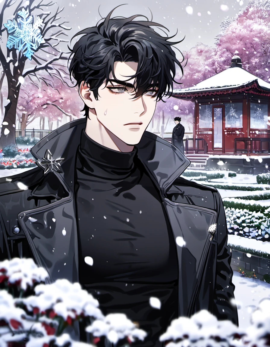 absurdres, highres, ultra detailed, HDR, master piece, best quality, Yoo Joonghyuk, black hair, expressive grey eyes, omniscient reader's viewpoint, 1man, handsome, black coat, black tight turtleneck shirt, petals, garden, snow, snowflakes, snowing