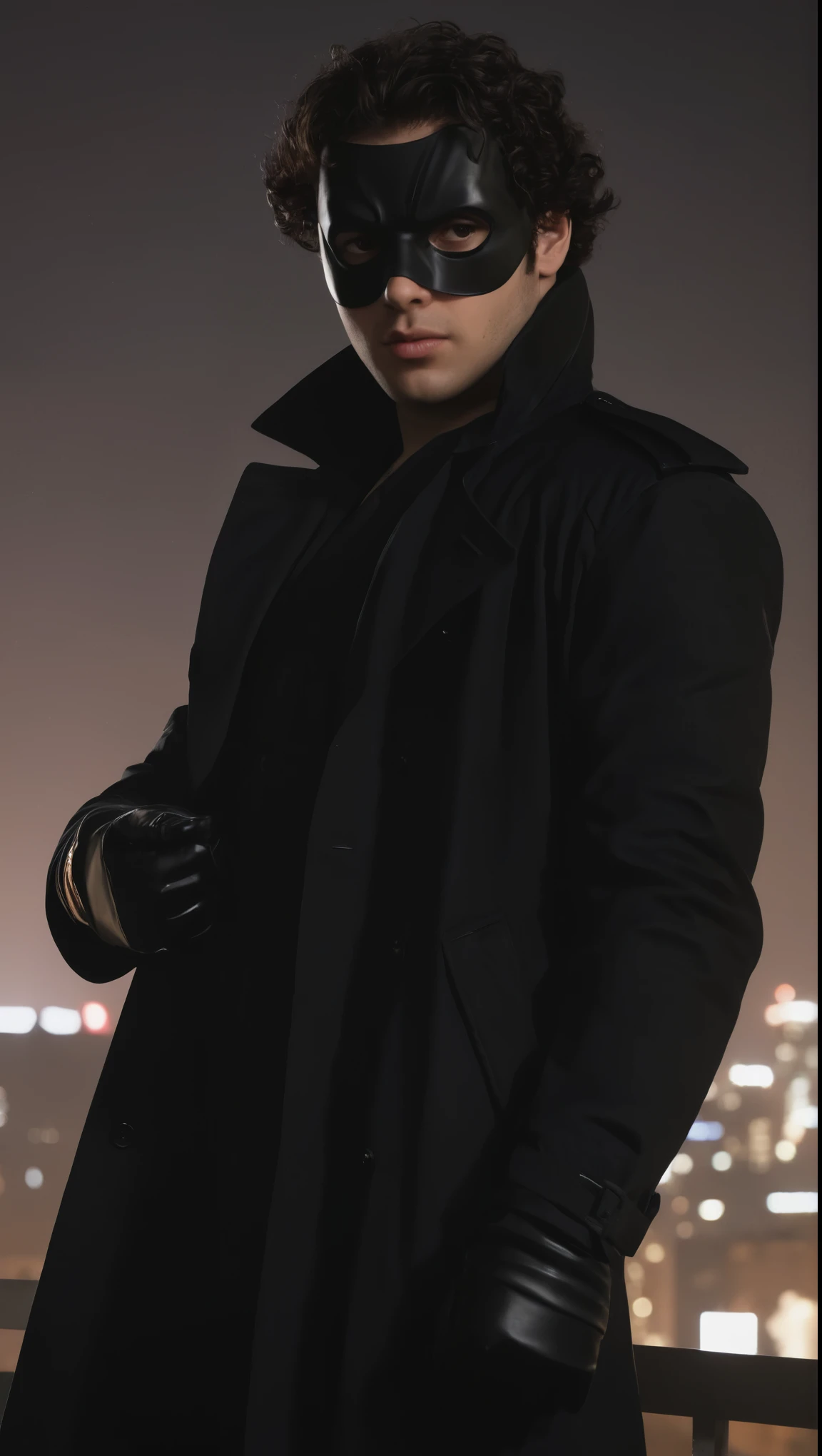 A movie poster, full color, a supervillain man, 28 years-old, wearing a black trench coat and a domino mask, stocky, soft doughy physique, chubby, deep brown eyes, wide bulbous nose, full lips, black hair, curly hair, thick bushy eyebrows, extremely hairy chest, stomach, and arms, lots of body hair, posing on a neon-lit rooftop, hard shadows, RAW photograph, cinematic shot, masterpiece