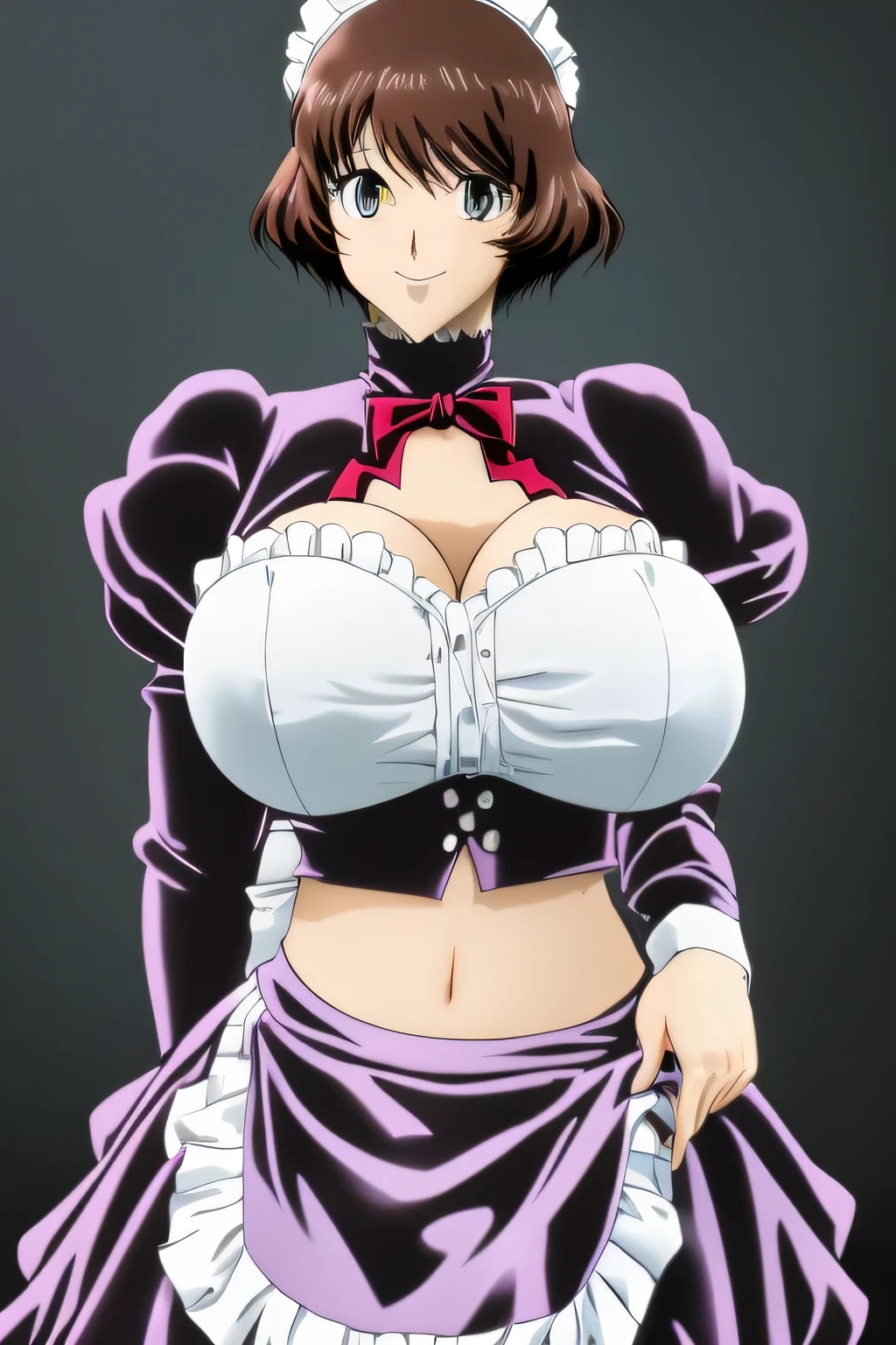 An older woman, huge breast, big dark brown hair, her light yellow eye, round big eyelash, wears a black maid top, shows her navel and wears a metallic black maid skirt, and is happy. 