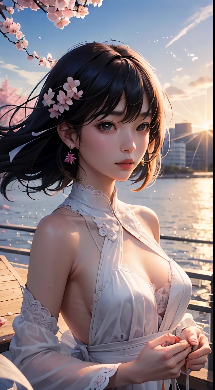 (logo、masterpiece、8K、table top、RAW photo、wonderful、最high quality、フォトリアリスティックでvery detailedな CG 統合 8k 壁紙、high quality、very detailed、narrative poem、particle effects、dynamic effects、Depth of bounds written、cinematic light、Lens flare、ray tracing)、fantasy、 (1 beautiful woman、dress、dress、cherry blossom pattern、black haired、beautiful face、real face、beautiful details eyes beautiful skin)、髪がWindで踊る、Hair flutters in Wind、hair jump、pink cherry tree、petals dance、SakuraFubuki、wonderful景色、sunrise、sun on background、Wind、