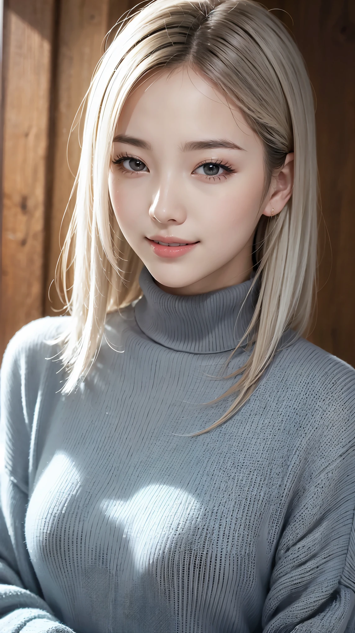 Realistic, masterpiece, highest quality, highest resolution, A portrait depicting only the upper body of a Japanese woman, A happy smile, slightly turned to the side, definitely looking at the audience, beautiful detailed eyes, black eyes, (hidden creased eyelids:1.2), thin eyebrows, Carefully draw eyelashes, natural makeup, middle hair, silver hair, detailed face, Black thick turtleneck sweater