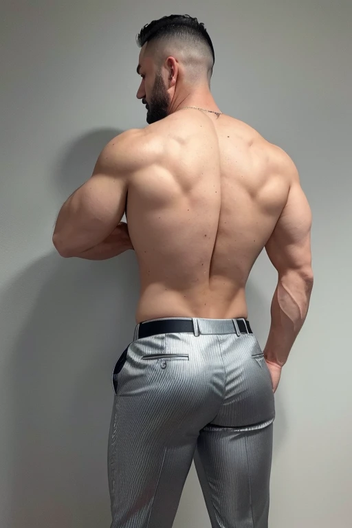 40 year old man very nalgon, cuerpo completo, hombres musculosos、cabello corto、una barba、de primera calidad,Hiper pectorales,Usar un traje sin saco、dynamic looseness、Sharp focus on the、silver dress pants, culo redondo backside, naked manly