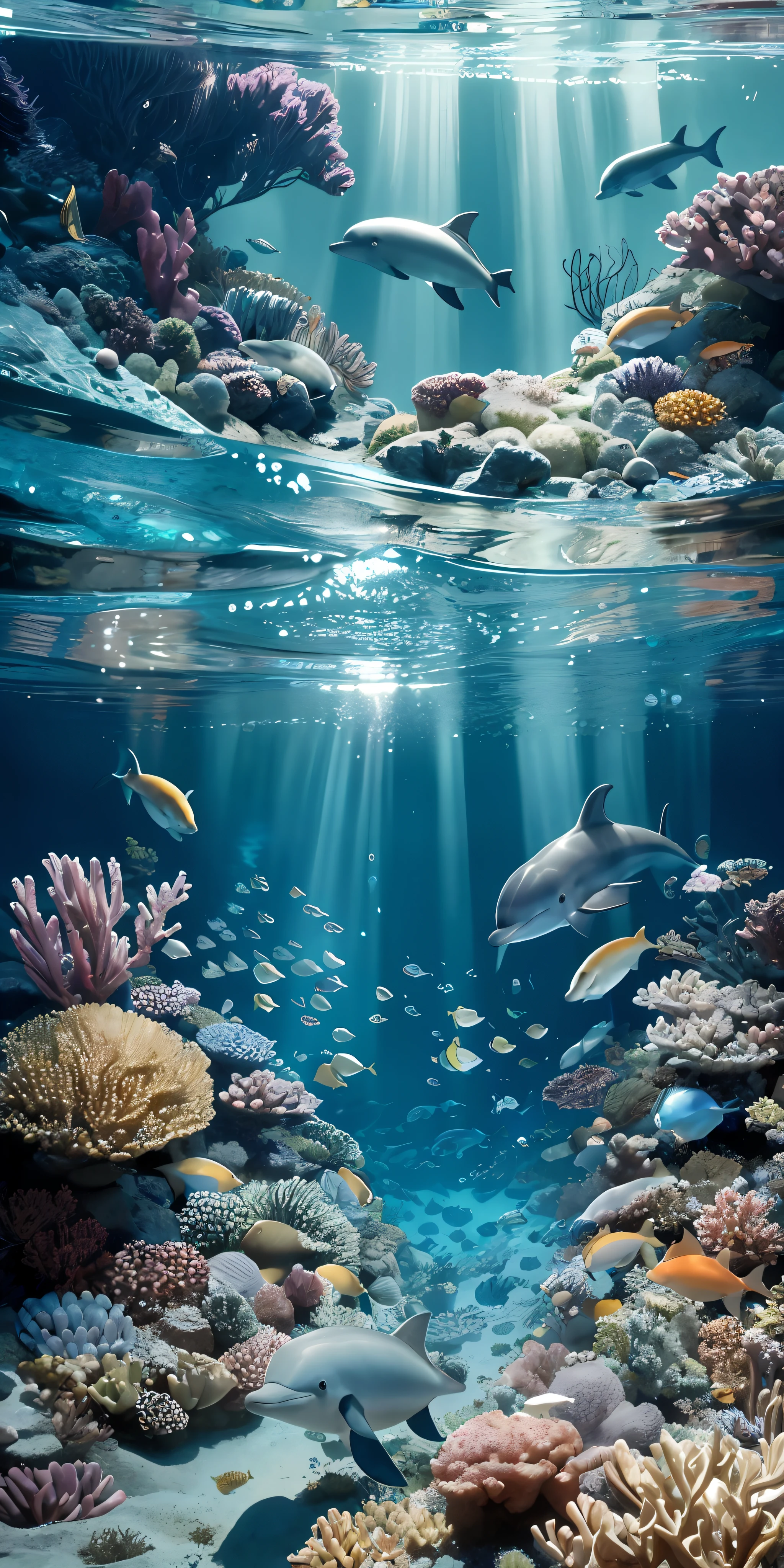 (obra de arte, Melhor qualidade: 1.3), high resolution, (8k resolution), (Ultra Detalhe: 1.1), sapo, stop motion animation, mar profundo, Luz e sombra de cima para baixo, Deep underwater landscape, golfinhos, corais, Muitos peixes pequenos da chuva, realista, brilho: 0.3, (Detalhe: 1.2), volumetric light, (Extremely Detalheed), bolhas, hd mobile wallpaper