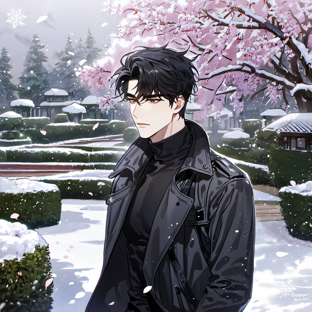 absurdres, highres, ultra detailed, HDR, master piece, best quality, Yoo Joonghyuk, black hair, expressive brown eyes, omniscient reader's viewpoint, 1man, handsome, black coat, black tight turtleneck shirt, petals, garden, snow, snowflakes, snowing