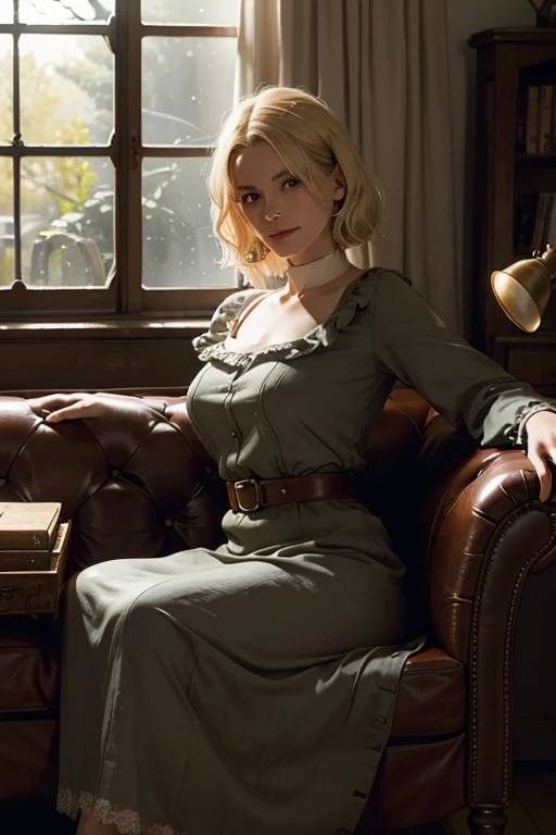 Portrait of a 48-year-old blonde French woman from 1940, Period dress, Genuine Leather, Sitting takes a selfie like a smartphone, (Living room with old furniture, Soft, moody light: 1.2)