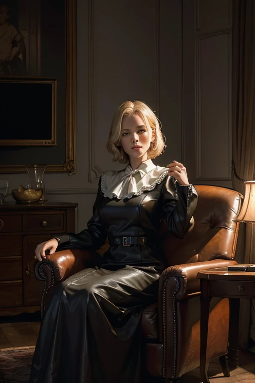 Portrait of a 48-year-old blonde French woman from 1940, Period dress, Genuine Leather, Sitting takes a selfie like a smartphone, (Living room with old furniture, Soft, moody light: 1.2)