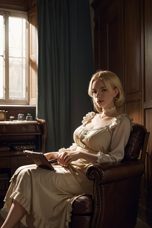 Portrait of a 48-year-old blonde French woman from 1940, Period dress, Genuine Leather, Sitting takes a selfie like a smartphone, (Living room with old furniture, Soft, moody light: 1.2)