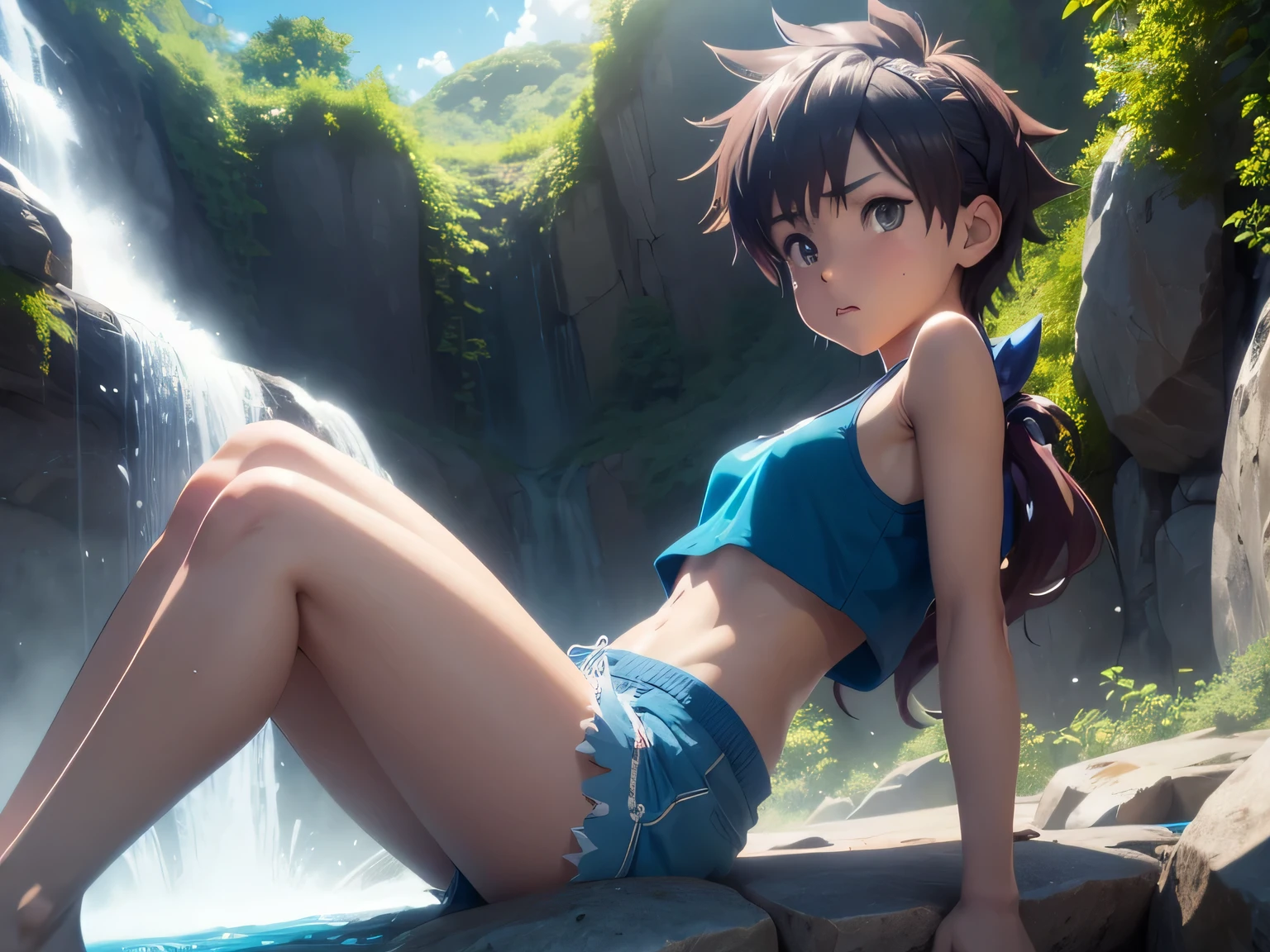 athletic tomboy girl, spiky hair, Brown eyes, dark skin, white tank top and blue shorts, Swimming in the waterfall, twilight light, anime action, full-length character, Foreground, HD quality.