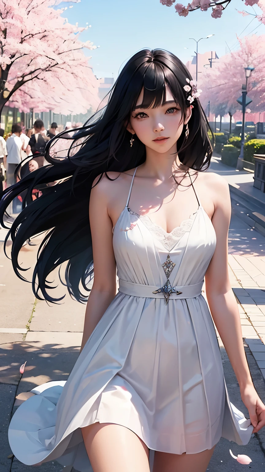 (logo、masterpiece、8K、table top、Raw photo、wonderful、最high quality、フォトリアリスティックでvery detailedな CG 統合 8k 壁紙、high quality、very detailed、Narrative poem、particle effects、dynamic effects、written boundary depth、cinematic light、Lens flare、ray tracing)、fantasy、 (1 beautiful woman、dress、dress、cherry blossom pattern、black haired、beautiful face、real face、beautiful details eyes beautiful skin)、髪がWindで踊る、Hair flutters in Wind、hair bounces、Pink cherry blossom tree、Dancing petals、SakuraFubuki、wonderful景色、sunrise、Sun in the background、Wind