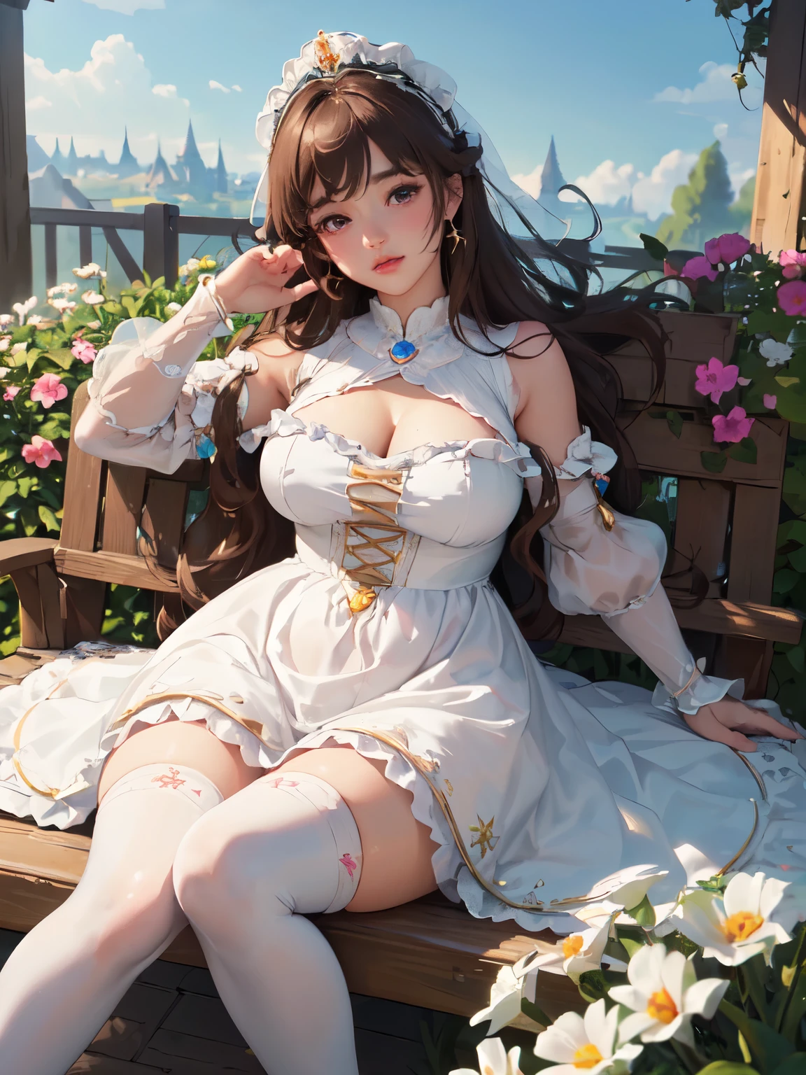 ((highest quality, 8K, masterpiece)), Super detailed, High definition, clear, perfect,from the chest up,Photorealistic cute princess dress girl,Dreaming eyes,plump lips,,and milk, Brown shoulder-length hair,knee high socks,Garden under the clouds