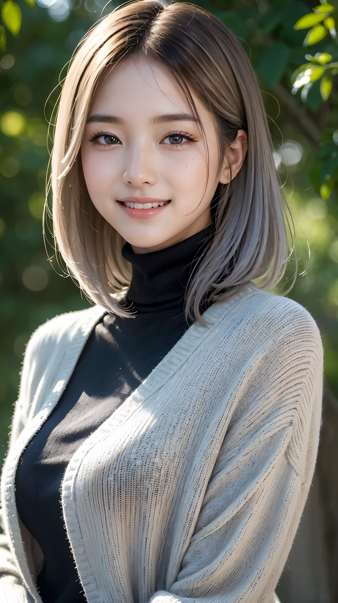 Realistic, masterpiece, highest quality, highest resolution, A portrait depicting only the upper body of a Japanese woman, A happy smile, slightly turned to the side, definitely looking at the audience, beautiful detailed eyes, black eyes, sparkling eyes, (hidden creased eyelids:1.2), thin eyebrows, Carefully draw eyelashes, natural makeup, middle hair, silver hair, detailed face, Black thick turtleneck sweater