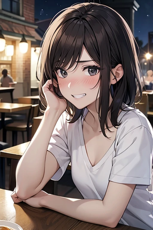 nose blush,Masterpiece, High resolution, High-definition CG Unity 8K,Beautiful and detailed face, detailed hair texture, beautiful face,(1 girl),(black eyes),small breasts, (very short messy brown hair), at night:1.2,break,(worried:1.3),(grin eyes),(at the pub table), (having alcohol),(POV),(white V-neck T-shirt),shorts,