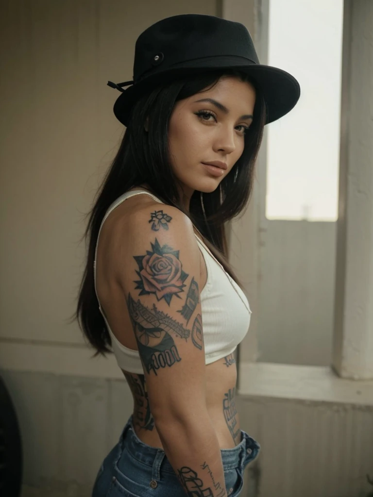 rompts
Copy
a close up of a woman with a hat and a tattoo on her arm, tattoo sleeve on her right arm, selena quintanilla perez, with tattoos, taken in the late 2000s, taken in the early 2020s, tattooed, taken in the mid 2000s, inked
