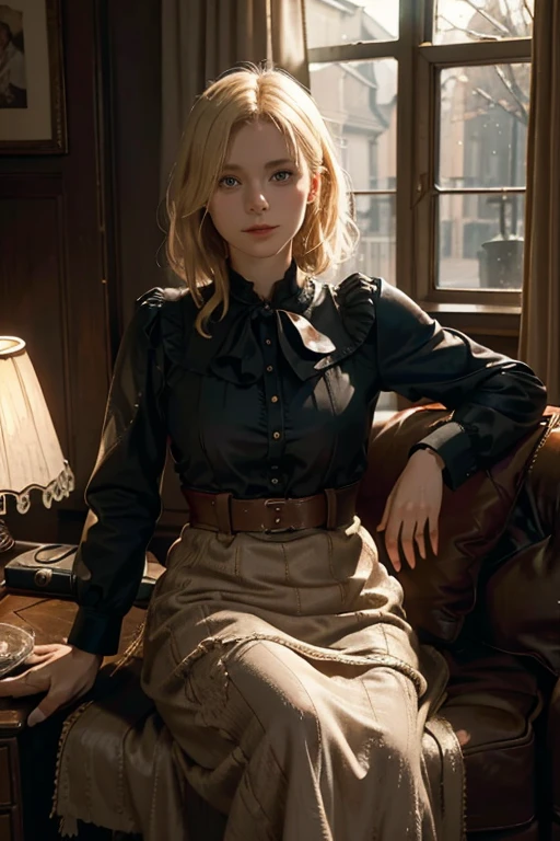 Portrait of a 30-year-old blonde French woman from 1940, Period dress, Genuine Leather, Sitting takes a selfie like a smartphone, (Living room with old furniture, Soft, moody light: 1.2)