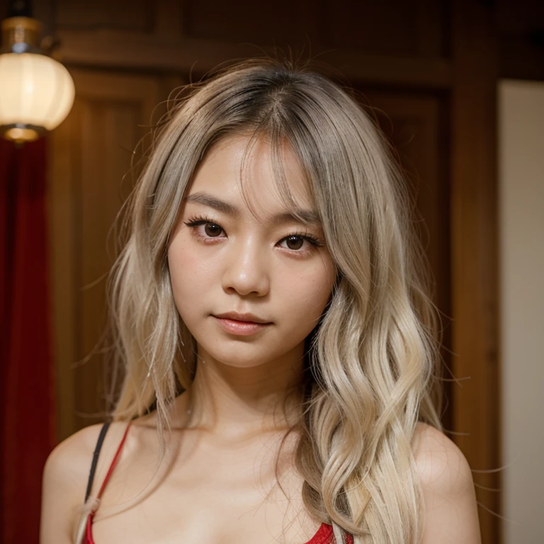Asian girl with white wavy hair and red eyes 