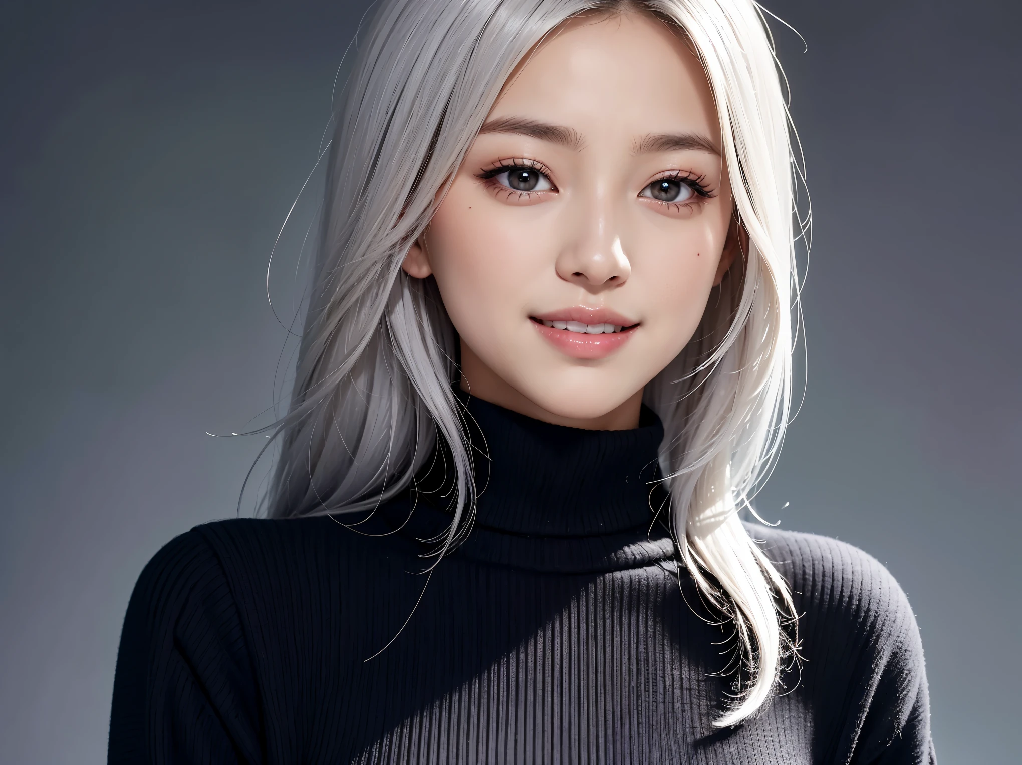 Realistic, masterpiece, highest quality, highest resolution, A portrait depicting only the upper body of a Japanese woman, A happy smile, slightly turned to the side, definitely looking at the audience, beautiful detailed eyes, black eyes, sparkling eyes, (hidden creased eyelids:1.2), thin eyebrows, Carefully draw eyelashes, natural makeup, middle hair, silver hair, detailed face, Black thick turtleneck sweater