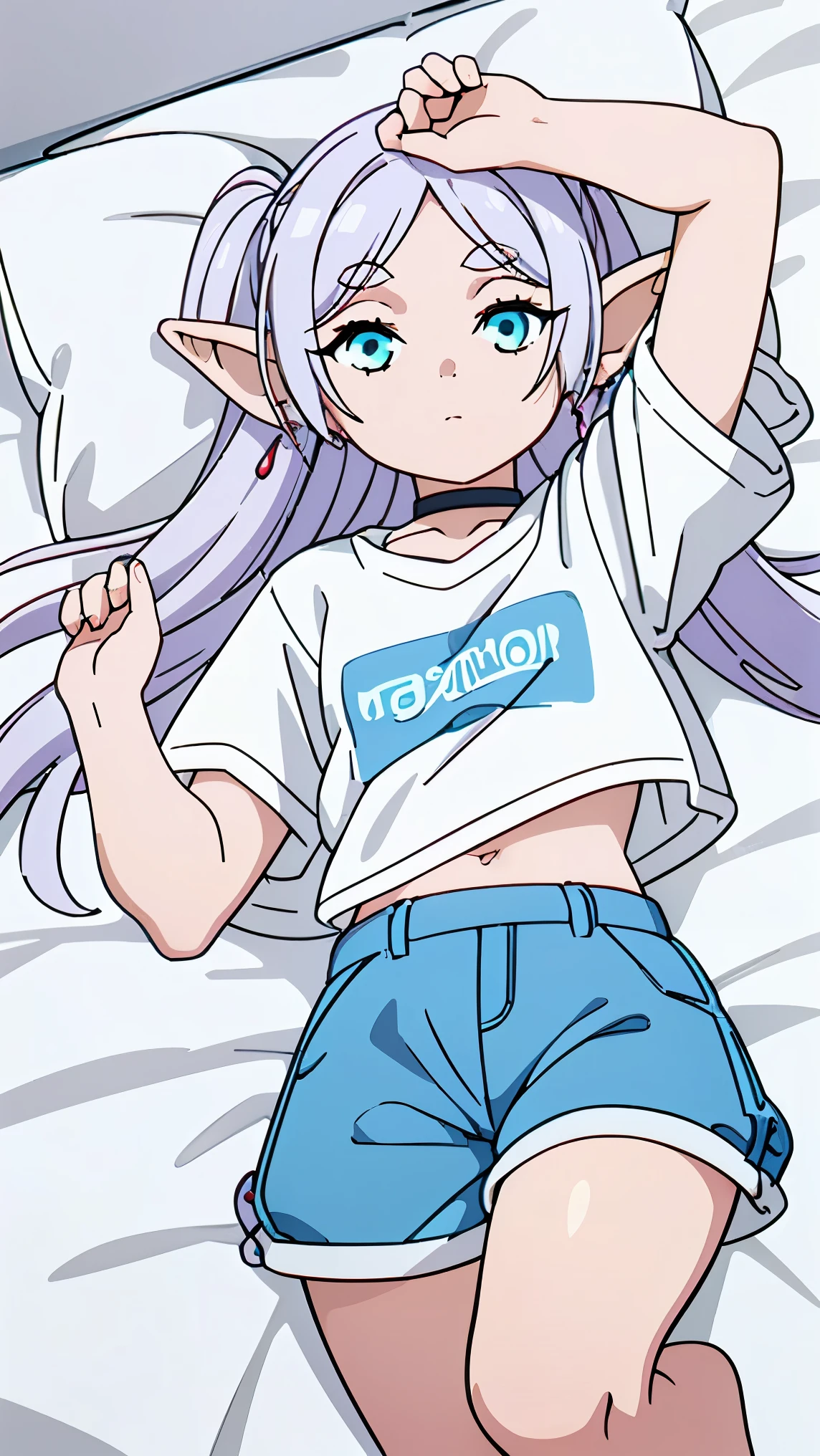 (View from above),(Fairy girl1,small fairy ear,Pale skin),(white hair, white eyes,(blue t-shirt 👕,short pants),(She is lying on one bed),detailed eyes, detailed face and body