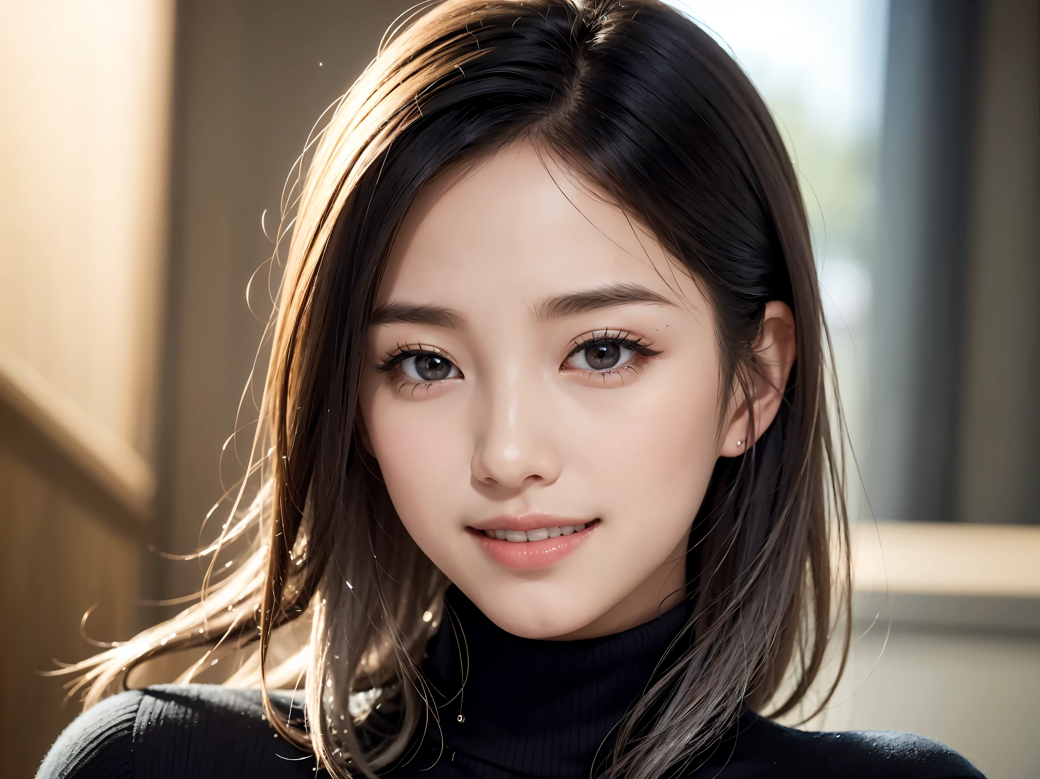 Realistic, masterpiece, highest quality, highest resolution, A portrait depicting only the upper body of a Japanese woman, A happy smile, slightly turned to the side, definitely looking at the audience, beautiful detailed eyes, black eyes, sparkling eyes, (hidden creased eyelids:1.2), thin eyebrows, Carefully draw eyelashes, natural makeup, middle hair, silver hair, detailed face, Black thick turtleneck sweater