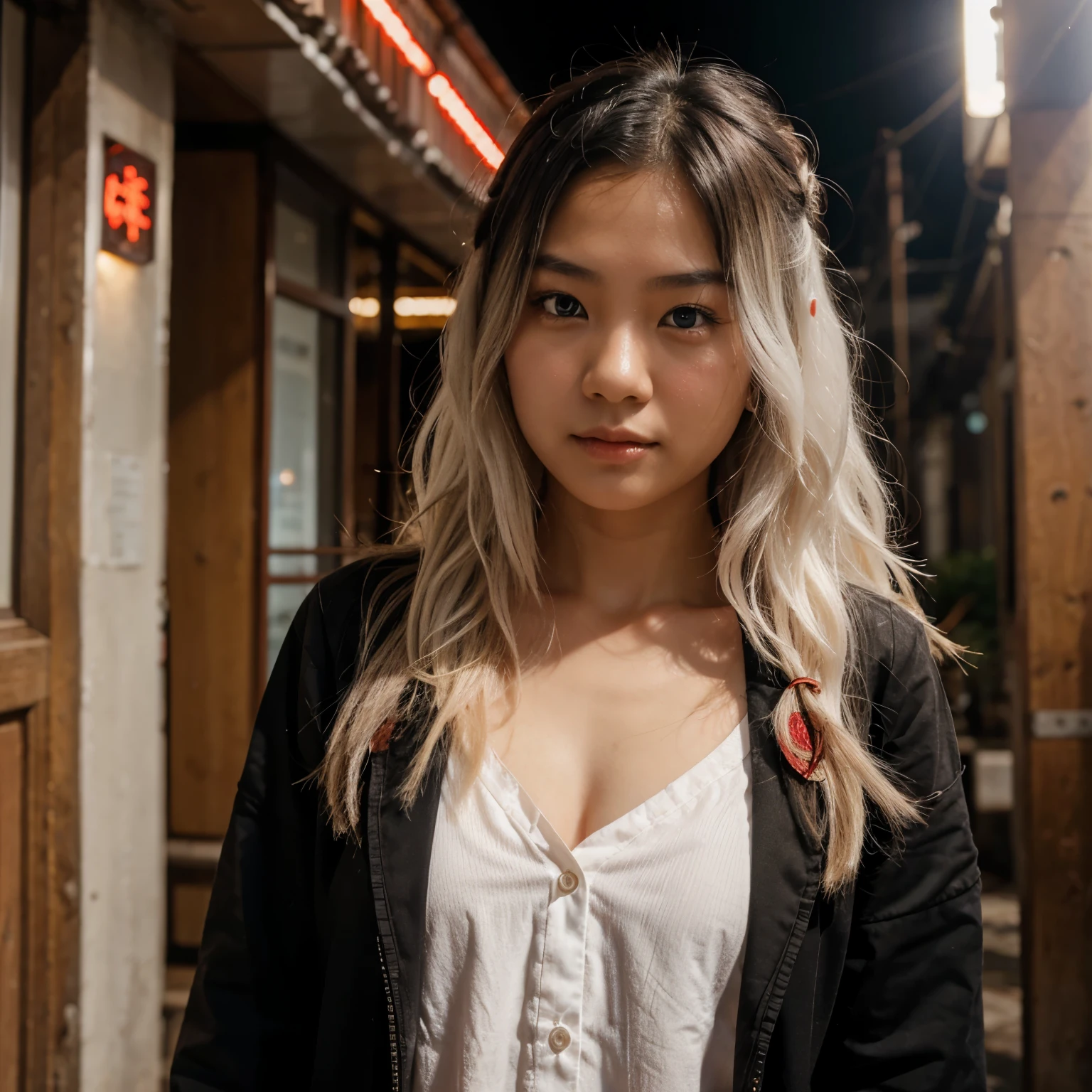 Asian girl with white wavy hair and red eyes