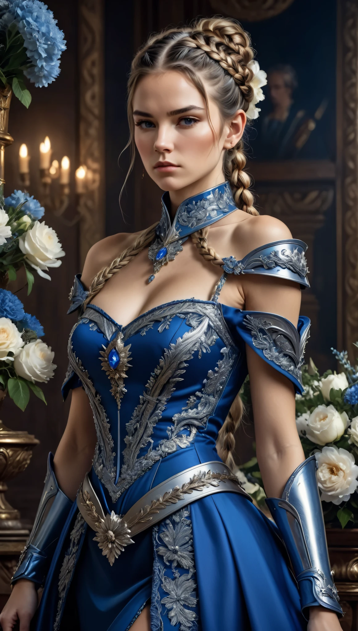 Woman, serious, warrior, armour, elegant, blue dress, aristocratic, silver elements, long nails, bare shoulders, hairstyle, hair up, braid and ponytail, messy, arrogant, absurd, detailed dress, royalty, celebration, hall decorated with flowers, cowboy shot, portrait, (best quality), (masterpiece), (highly detailed), (4k)