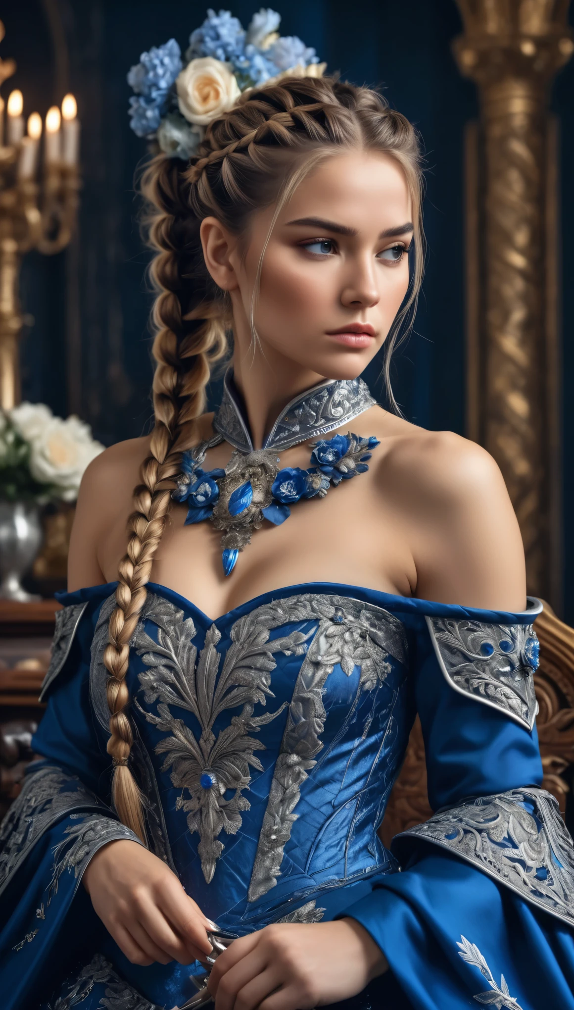 Woman, serious, warrior, armour, elegant, blue dress, aristocratic, silver elements, long nails, bare shoulders, hairstyle, hair up, braid and ponytail, messy, arrogant, absurd, detailed dress, royalty, celebration, hall decorated with flowers, cowboy shot, portrait, (best quality), (masterpiece), (highly detailed), (4k)