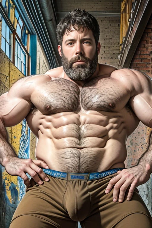 A portrait full body photograph Atractive ben Affleck heavy muscles, using only underwear, bearded, Strong, muscular, hairy big belly bodybuilder, showing very hairy groin area, epic realistic, photo, faded, neutral colors, ((((hdr)))), muted colors, intricate scene, artstation, intricate details, vignette