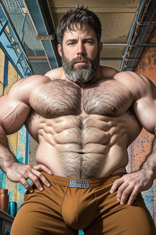 A portrait full body photograph Atractive ben Affleck heavy muscles, using only underwear, bearded, Strong, muscular, hairy big belly bodybuilder, showing very hairy groin area, epic realistic, photo, faded, neutral colors, ((((hdr)))), muted colors, intricate scene, artstation, intricate details, vignette