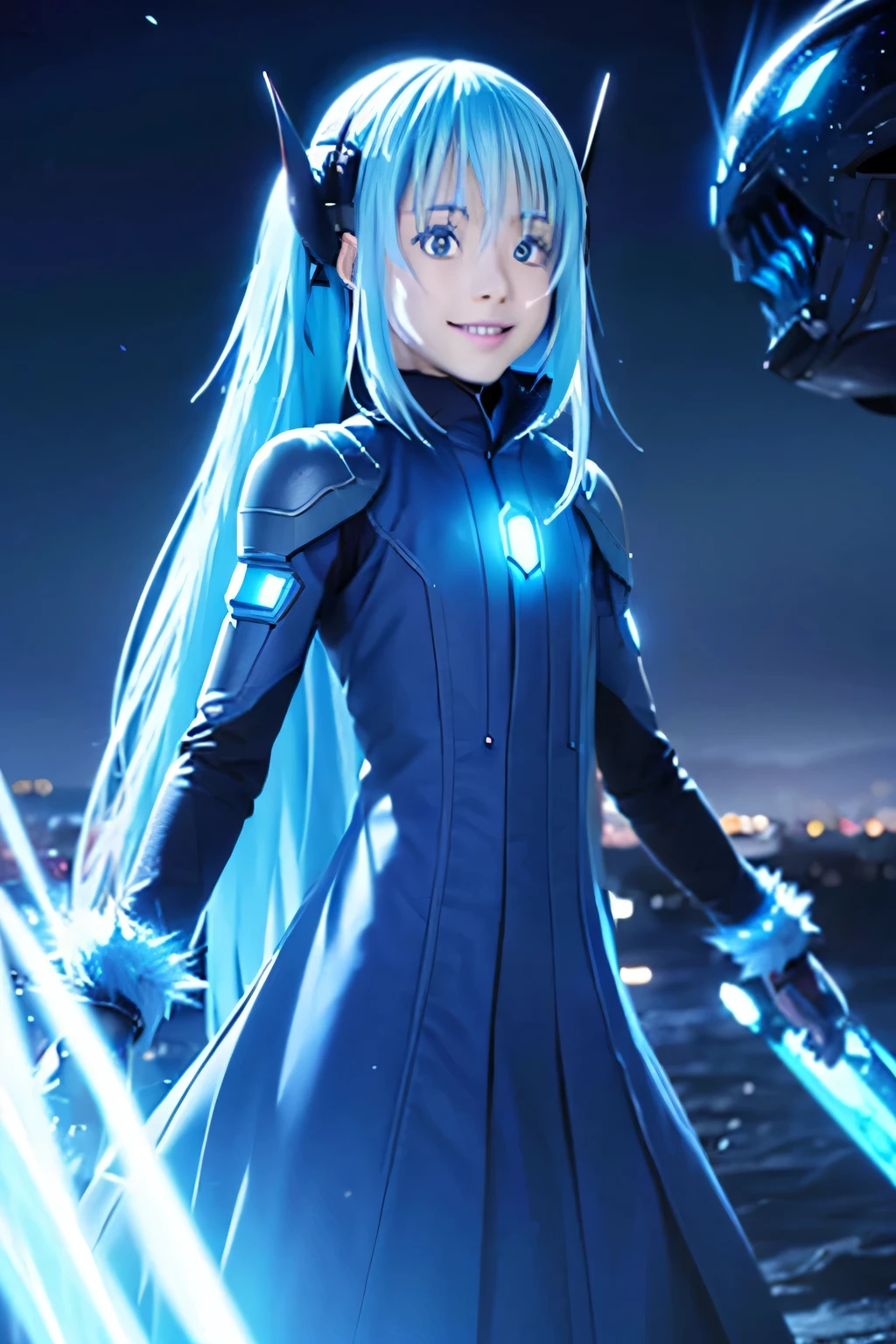 imagen oscura de Rimuru Tempest, Cyber Daemon, piel de porcelana, la mitad de la cara no tiene piel, se ve la calavera sonriendo, el cabello es celeste, los ojos son de robot