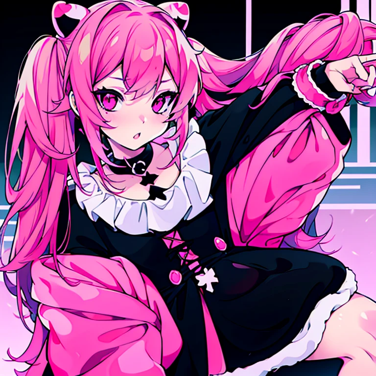 white girl, with pink fucsia hair and two wavy pigtails, black dress with long sleeves, two crosses in the hair, black bear faux fur collar, anime style 
