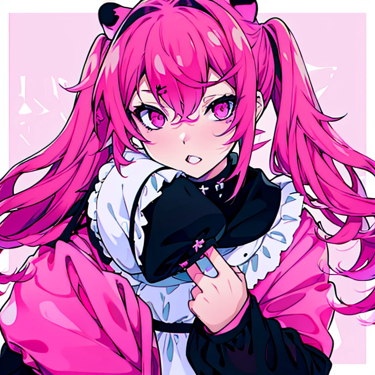 white girl, with pink fucsia hair and two wavy pigtails, black dress with long sleeves, two crosses in the hair, black bear faux fur collar, anime style 