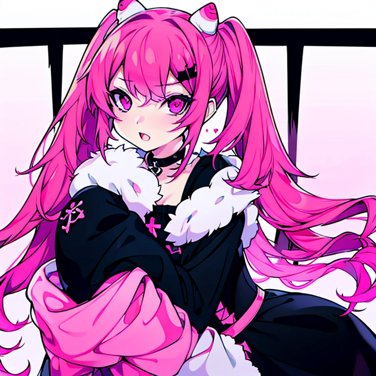 white girl, with pink fucsia hair and two wavy pigtails, black dress with long sleeves, two crosses in the hair, black bear faux fur collar, anime style 