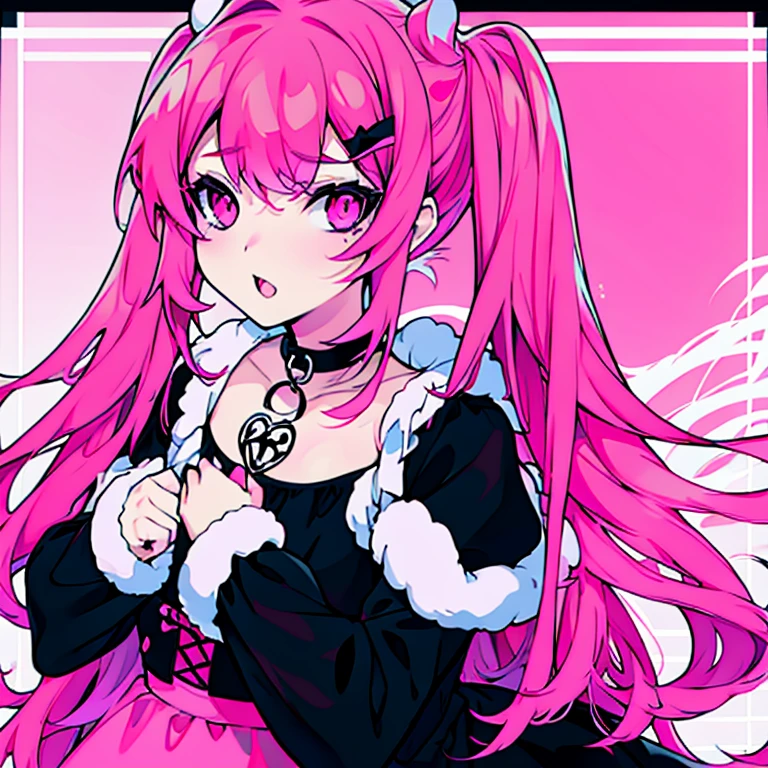 white girl, with pink fucsia hair and two wavy pigtails, black dress with long sleeves, two crosses in the hair, black bear faux fur collar, anime style 