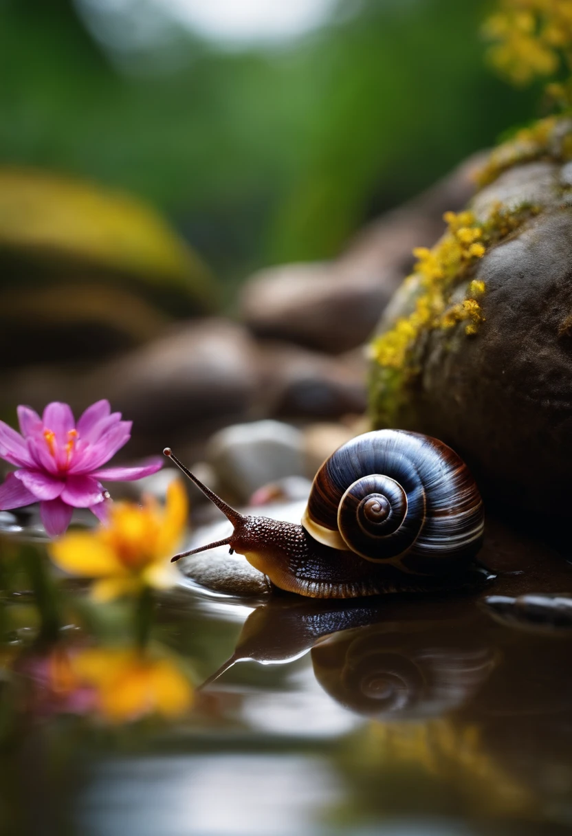 Beautiful cute snail in the river water next to stones and flowers