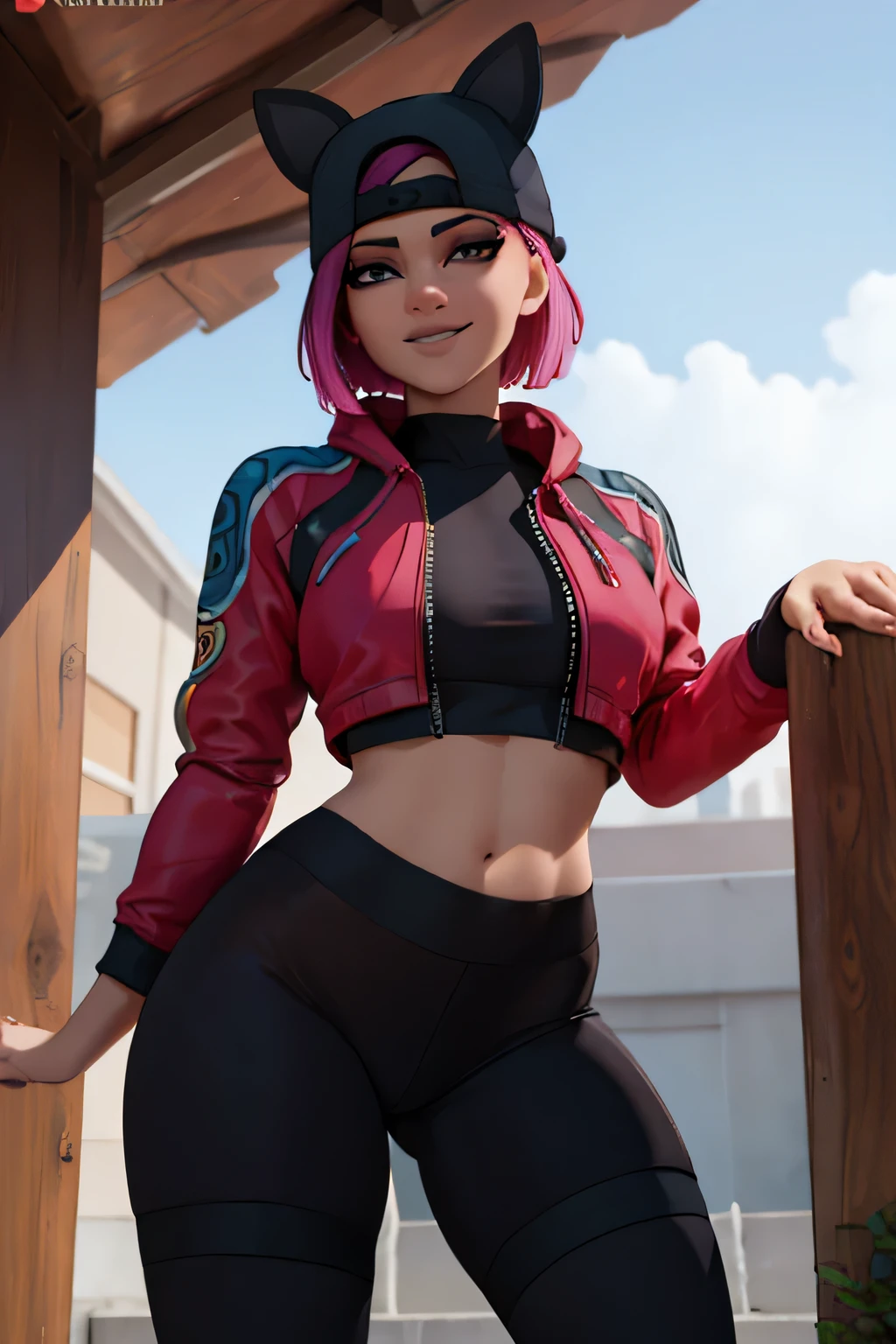 1 chica, (obra maestra), (Mejor calidad), de pie, (solo), mirando al espectador, alto detallado,Extremadamente detallado, Ojos finos, sonrisa,dynamic pose, pelo corto rosa,gorra,top corto, chaqueta negra,guante sin dedos,con curvas,bosque,anteojos,(leggins negros),(retrato:1.2),