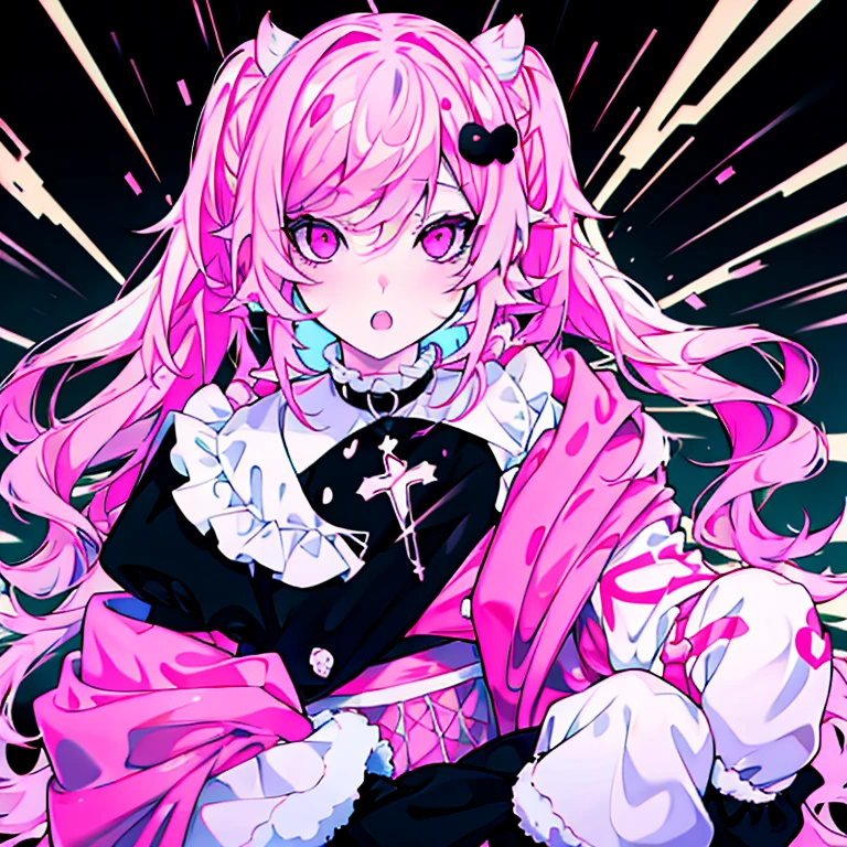 white girl, with pink fucsia hair and two wavy pigtails, black dress with long sleeves, two crosses in the hair, black bear faux fur collar, anime style 