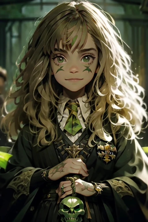 Hermione Granger, roupas da sonserina, outstretched hand, green skull in hand, sorriso ironico, gravata verde roupas escuras, olhos verdes, head tattoo on hand