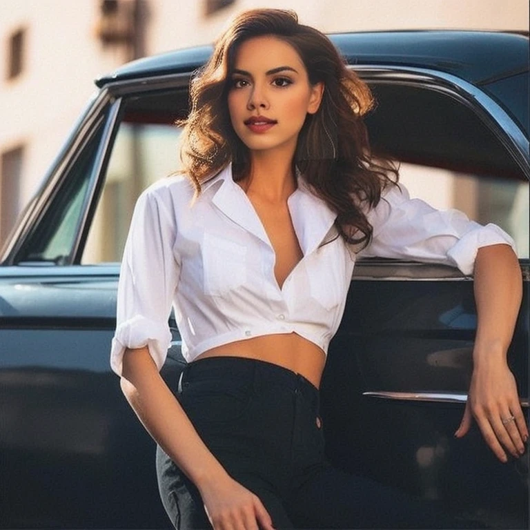 The woman Aarav leaned against the car door with her hands on her hips., Wear a white shirt., Blanca Alvarez, Wear a sexy crop top., Julia Rasumova's style, Olivia Culpo, photo of the beauty Gal Gadot, gorgeous woman, Instagram model, Gal Gadot, Jovana Ricalo, Anna Nikonova, also known as New Milky