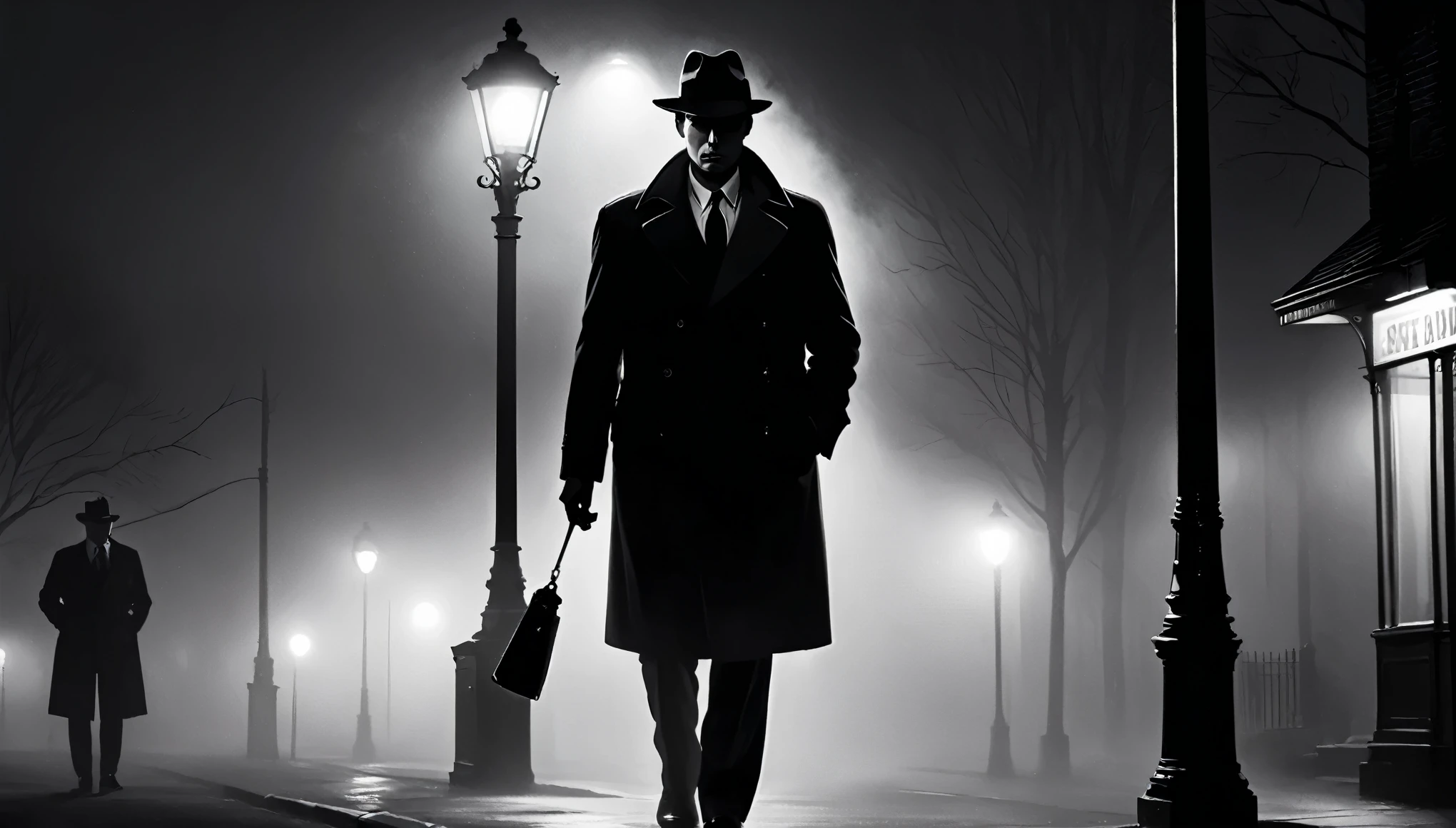 A moody, black and white scene of a hardboiled detective standing under a streetlight on a foggy night, with long shadows and stark contrasts evoking classic film noir aesthetics.