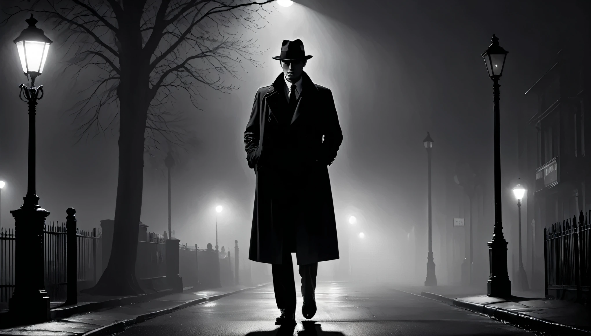 A moody, black and white scene of a hardboiled detective standing under a streetlight on a foggy night, with long shadows and stark contrasts evoking classic film noir aesthetics.