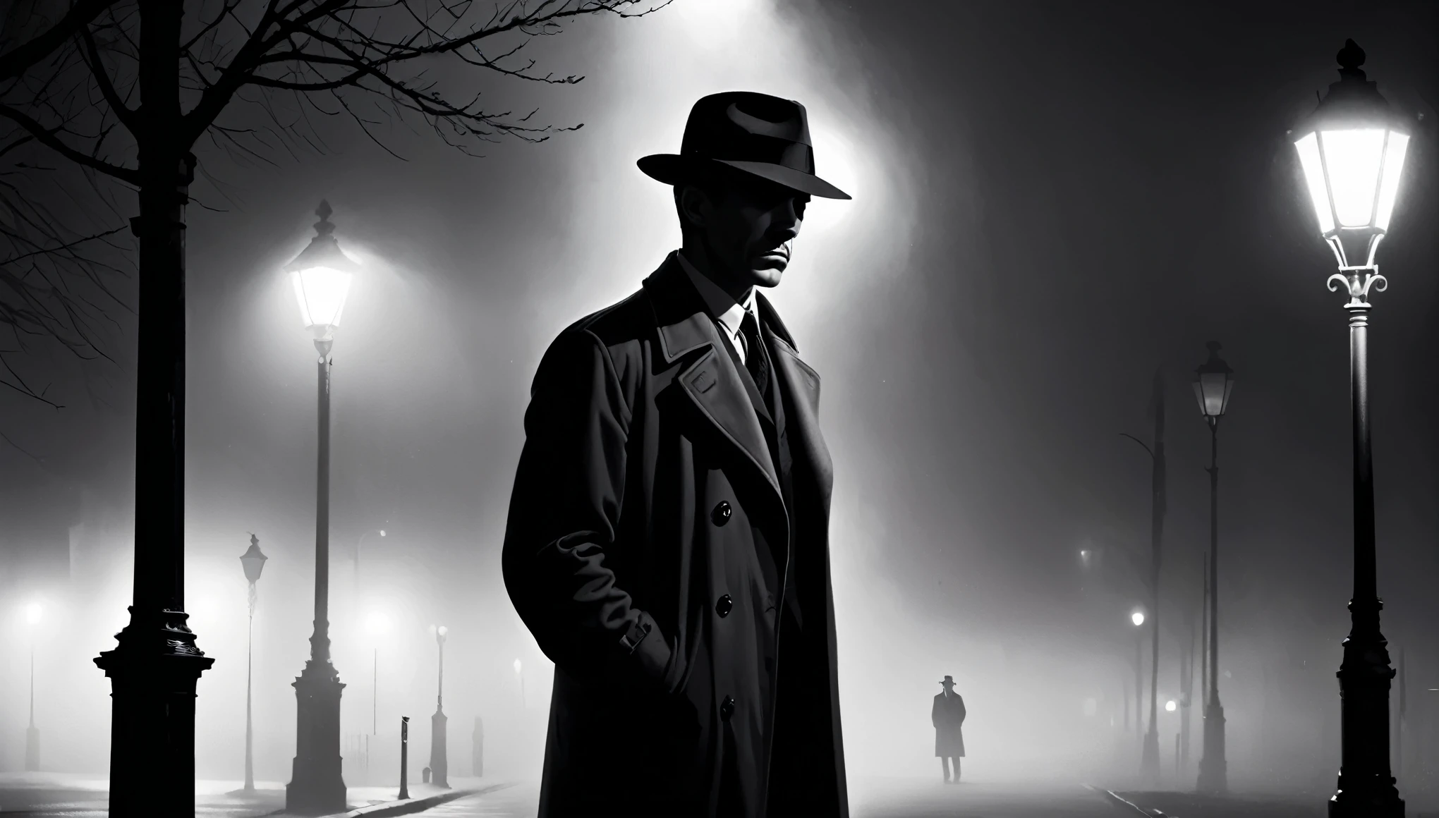 A moody, black and white scene of a hardboiled detective standing under a streetlight on a foggy night, with long shadows and stark contrasts evoking classic film noir aesthetics.