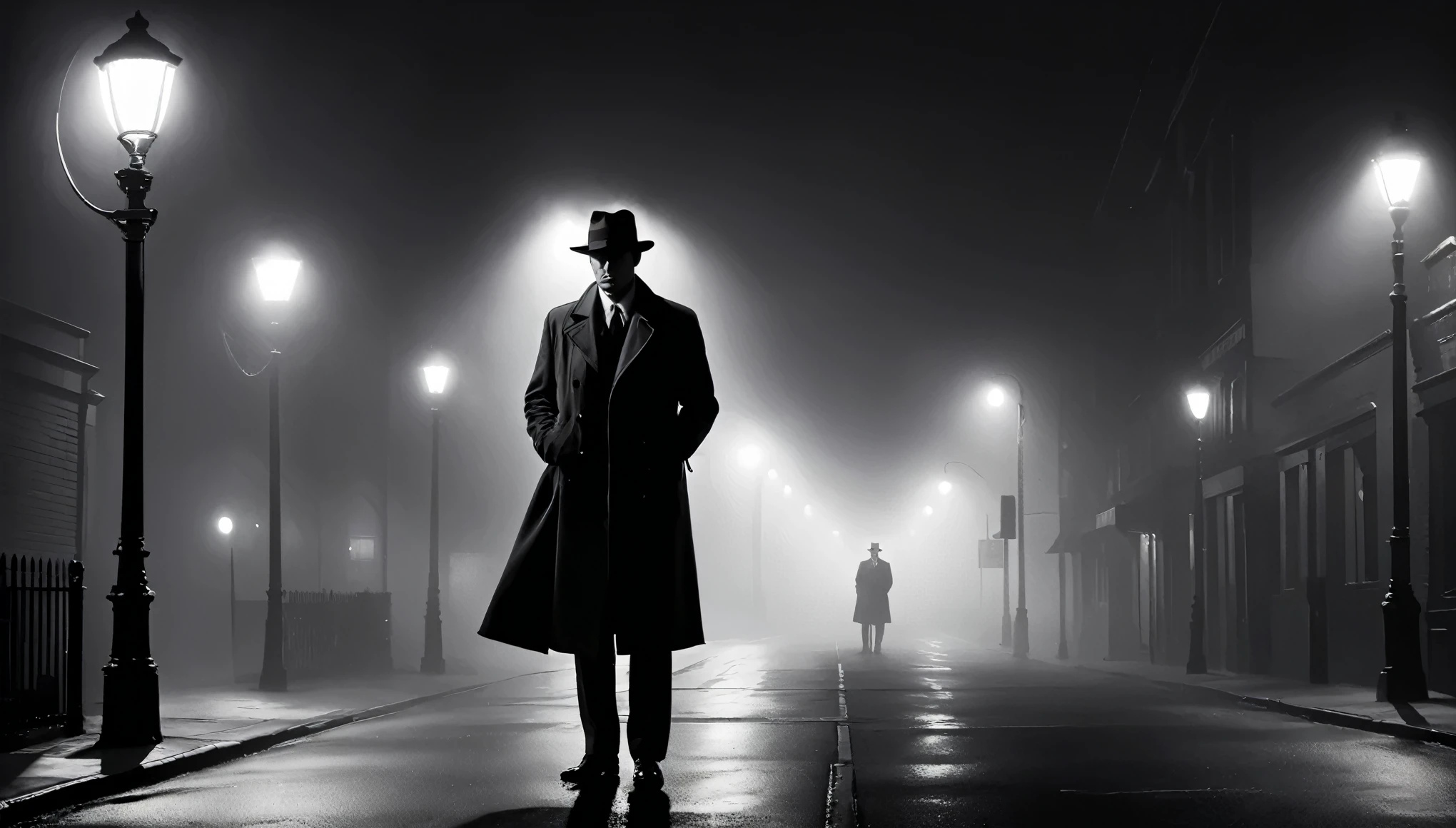 A moody, black and white scene of a hardboiled detective standing under a streetlight on a foggy night, with long shadows and stark contrasts evoking classic film noir aesthetics.