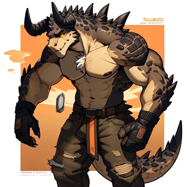 Tall_lanky_muscular_deathclaw male dark_beige_scaled_body spotted_scales yellow_eyes solo Masterpiece best_quality absurdres highly_detailed cleanly_drawn_eyes anthro_only by_claweddrip, by_greasymojo, by_underscore-b, by_runawaystride ripped_cargo_pants ripped_leather_duster fingerless_gloves goggles destroyed_building heavy_dust_storm shirtless