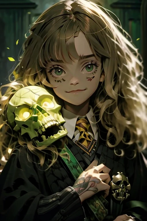 Hermione Granger, roupas da sonserina, outstretched hand, green skull in hand, sorriso ironico, gravata verde roupas escuras, olhos verdes, skull tattoo on hand, 