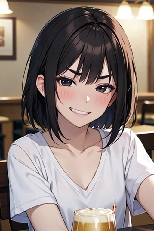 nose blush:1.1,eyes half-closed,Masterpiece, High resolution, High-definition CG Unity 8K,Beautiful and detailed face, detailed hair texture, beautiful face,(1 girl),(black eyes),small breasts, (very short messy brown hair), at night:1.2,break,(evil grin),troubled eyebrows,,(at the pub table), (having alcohol),(POV),(white V-neck T-shirt),shorts,