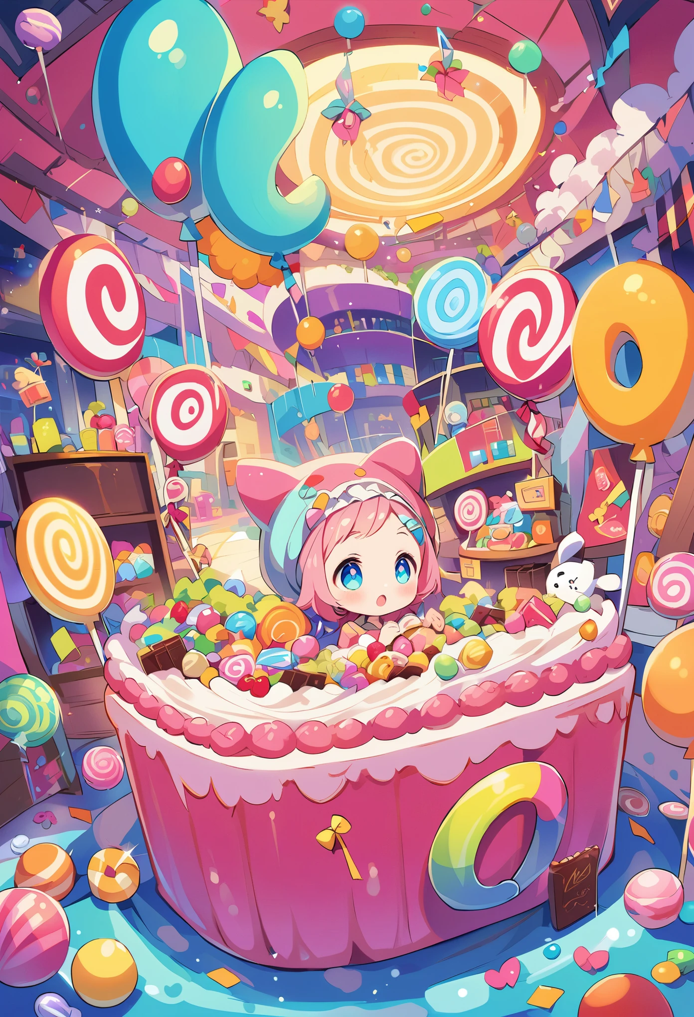 A colorful candy-themed mall with giant lollipops, candy canes, and chocolate bars adorning the walls, creating an enchanting atmosphere for children to explore in their dreamy world of sweet treats. The artwork focuses on faces. 