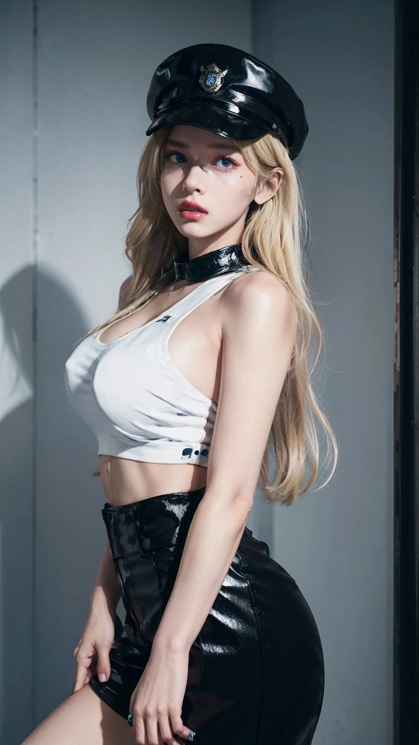 1girl, (Blue Eyes), (angry face :1.2), (Sana Minatozaki), wide , Big , big , (Best Quality, 8k, Masterpiece: 1.3), Clear Focus: 1.2, Perfect Body Beauty: 1.4, strong abs :1.2, Highly detailed face and skin texture, detailed eyes, double eyelids, (black lined eyes :1.1), red lips, (blond long hair :1.2), black latex pants,  police uniform, police shirt, police badge, Police cap, police girl, standing, hands on the  :1.3, on the streets of new york at night, blurred background