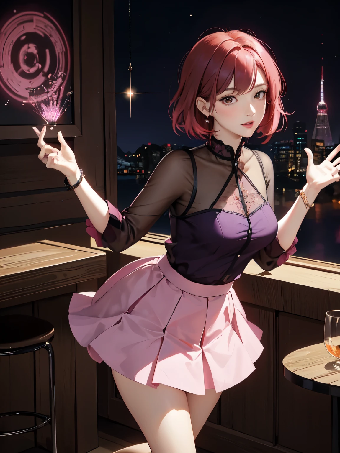 beautiful woman, 32 years old, short red hair, sparkling brown eyes, and , and a purple and pink blaser, skirt, and白い背景, intricate details,