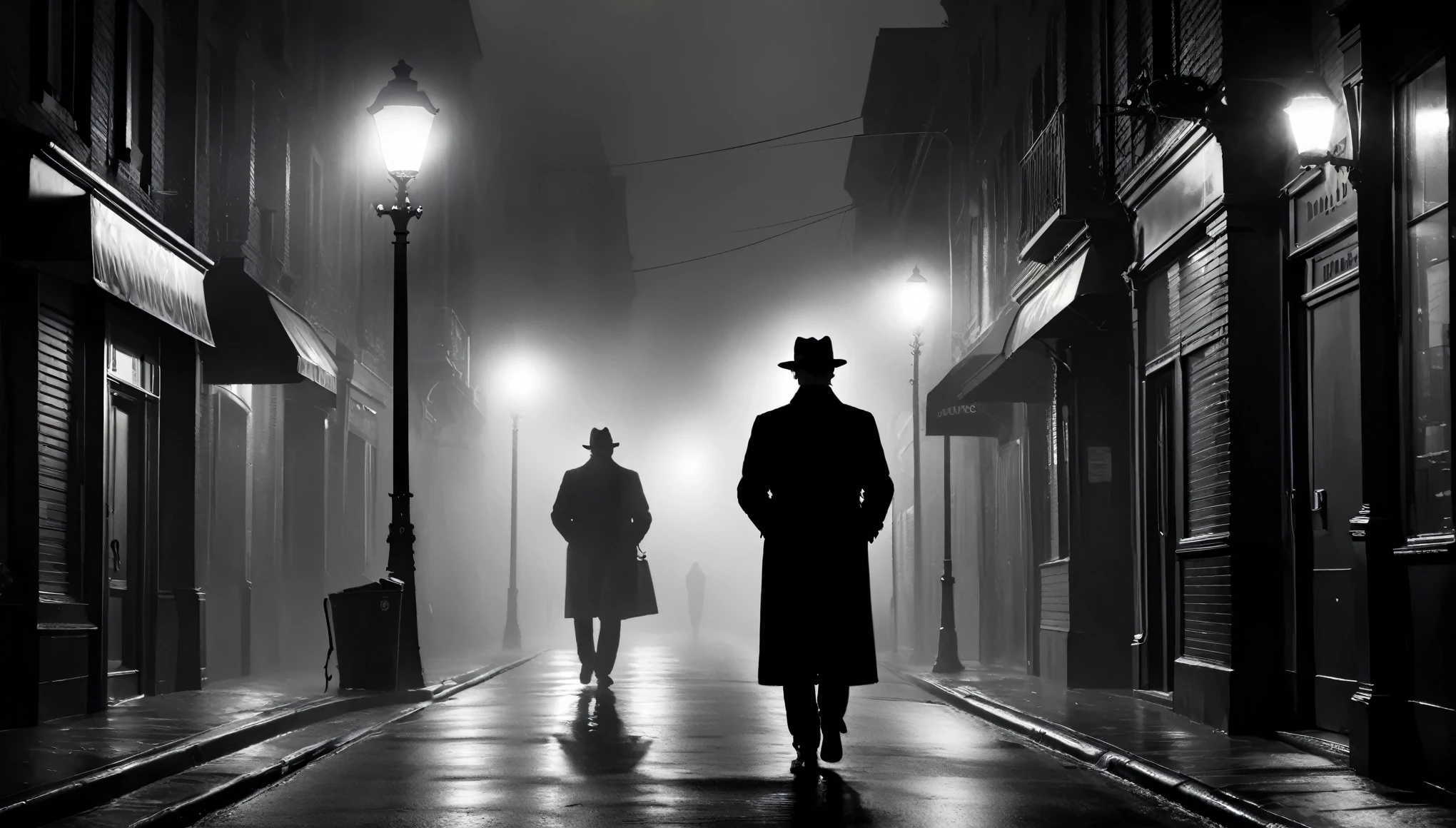 A rain-soaked city street, slick with the reflection of neon signs, the only source of light in an otherwise dark and mysterious scene. Long shadows stretch across the pavement as silhouettes of trench-coated figures move through the fog, hinting at secret meetings and hidden agendas.