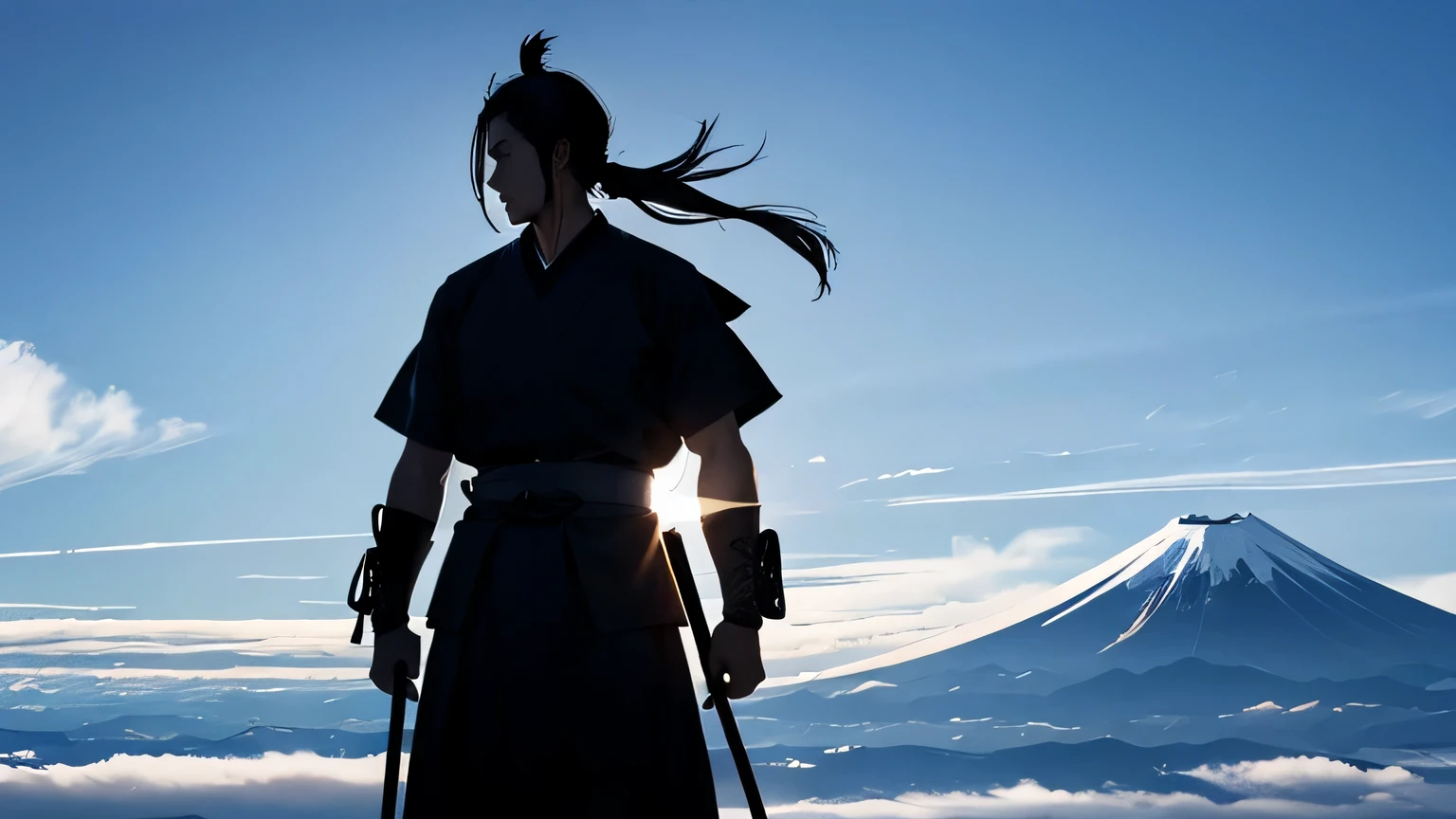 Silhouette of a samurai with a sword on his waist、Fuji Mountain、Ultra-wide angle view